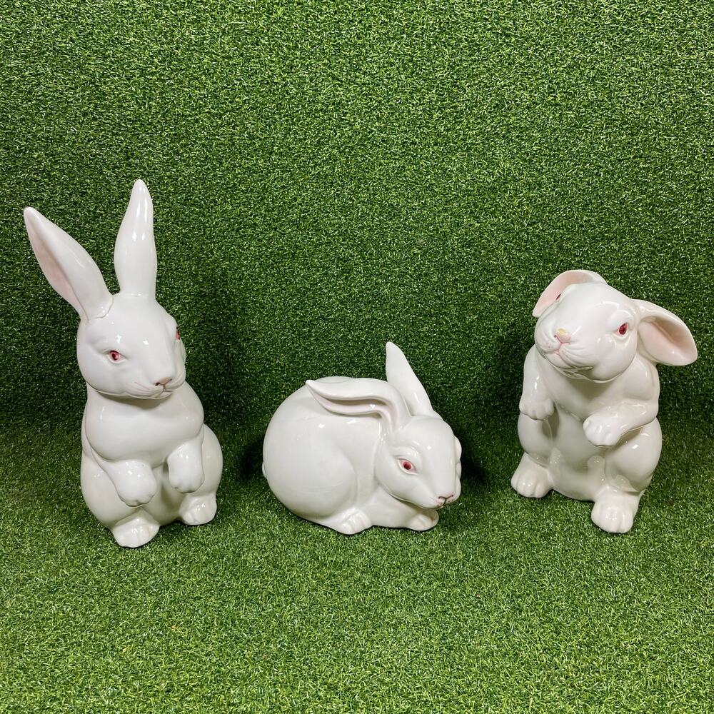 Vintage 1978 Fitz & Floyd White Rabbit Bunny Figurines Set 3 Japan Easter